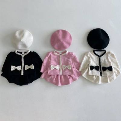 Korean version of ins small fragrance style bow cardigan skirt suit lady style foreign style all-match cute baby girl autumn