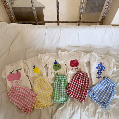 Costume coréen pour enfants, ensemble deux pièces à carreaux de fruits, à manches courtes, pour garçons et filles, vente en gros, été 2023