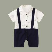 Baby summer clothes baby jumpsuit short-sleeved baby clothes full cotton fart clothes romper gentleman crawling clothes  Navy Blue