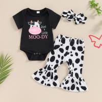New spring and summer letter cow pattern short-sleeved romper + polka dot casual flared pants headband three-piece set  Black