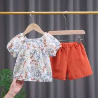 Summer baby fashion western-style little girl square collar floral two-piece set cute girl  Red