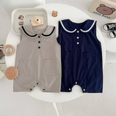 Baby summer jumpsuit boy and girl baby college style lapel vest navy thin outing climbing clothes