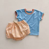 Ins stil kinder sommer frische eis karierten anzug kontrast farbe modische baby anzug männlichen und weiblichen baby kleidung  Blau