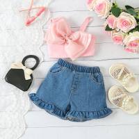 2024 Summer New Girls Sweet Suit Mesh Bow One-shoulder Suspender Lace Denim Shorts Two-piece Suit  Pink