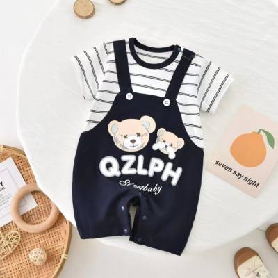 Infant cotton romper boy baby sling bear striped jumpsuit summer short-sleeved fake two-piece children's clothing