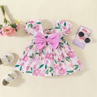 Baby girl's new dress summer large flower bow short-sleeved cotton skirt fashionable girl princess dress  Pink