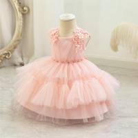Girls mesh princess dress 1st birthday girl dress wedding flower girl dress children piano performance dress  Pink