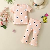 Cross-border infant and toddler girl's pure cotton striped small flower T-shirt plus elastic small flared trousers two-piece set  Pink