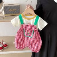 Baby girl cherry suit children's clothing baby T-shirt plaid overalls two-piece set  Red