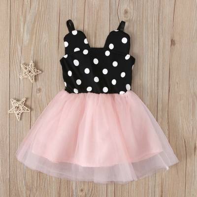 Girls children's summer style sleeveless black and white polka dot lace mesh dress suspenders children's dress