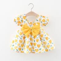 Girls' dress, summer dress, children's short-sleeved printed skirt, infant and toddler fashionable cotton little princess dress  Yellow