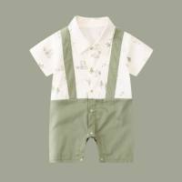 Baby summer clothes baby jumpsuit short-sleeved baby clothes full cotton fart clothes romper gentleman crawling clothes  Green