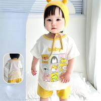 Terno de bebê verão, shorts de manga curta, divisão fina, duas peças, algodão puro, roupas para meninos e meninas  Amarelo