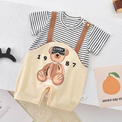 Super fofo bebê macacão suspensórios verão fino falso roupas de duas peças rastejando roupas de um ano de idade do bebê mangas curtas
