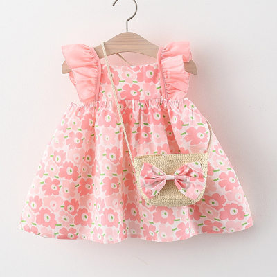 1395 Kinderrock Großhandel Kinder Sommer neues Produkt Baby Mädchen Kleid mit fliegenden Ärmeln Prinzessinnenrock wird mit Bambuskorb-Umhängetasche geliefert