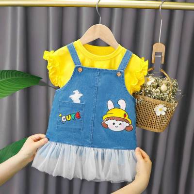 Girls short-sleeved summer clothes new style 1 year old 3 baby Korean style denim suspender skirt suit summer style three and a half years old