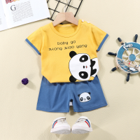Terno infantil de manga curta de algodão puro, camiseta infantil de manga curta, shorts de duas peças  Amarelo