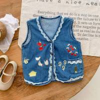ins spring and autumn new Korean version of the baby's western-style retro Japanese embroidered denim vest baby versatile waistcoat jacket  Blue