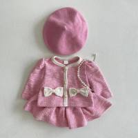 Korean version of ins small fragrance style bow cardigan skirt suit lady style foreign style all-match cute baby girl autumn  Pink