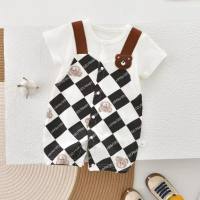 Summer cotton short-sleeved baby jumpsuit for boys and girls, infant romper, fake sling, thin crawling clothes, fake two pieces  Black