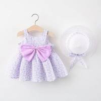 1030 Girls Dress Summer Children's Clothes Suspenders Sweet Bowknot Floral Printed Vest Dress with Hat Consignment  Purple