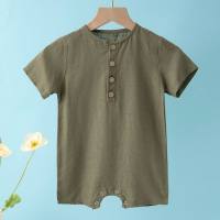 Baby jumpsuit 0-2 years old summer sleeveless linen thin children's rompers  Army Green