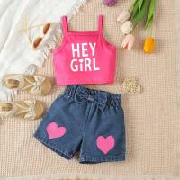 Summer new style girls sweet letter pink suspenders heart print denim shorts suit  Pink