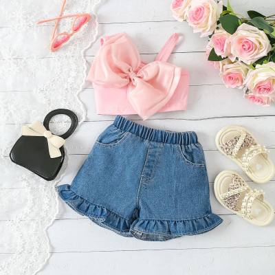 Summer new style girls sweet suit bow suspenders lace denim shorts two-piece suit