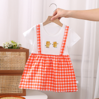 Fake two-piece baby girl dress summer stylish children's suspender plaid skirt baby vest skirt  Orange