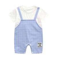 Newborn baby sling plaid fake two-piece summer thin jumpsuit gentleman baby hundred-day full moon crawling clothes romper  Blue