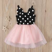 Girls children's summer style sleeveless black and white polka dot lace mesh dress suspenders children's dress  Black