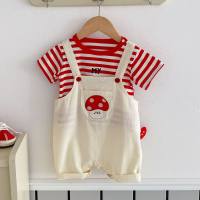 Baby cartoon set children's clothing baby striped T-shirt overalls two-piece set  Red