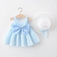 1030 Vestido de verano para niñas, ropa para niños, tirantes, dulce lazo, chaleco estampado Floral, vestido con sombrero, envío  Azul