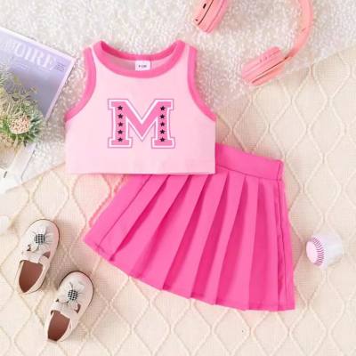 Summer style letter printed vest top for infants and young girls, fashionable pleated mini skirt