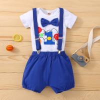 Infant and young children's baby boy and girl baby sling short-sleeved birthday clothes bow number print romper two-piece set  Blue