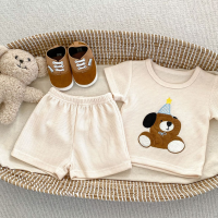 2024 Korean style boys summer suit baby boy cute bear embroidered short-sleeved T-shirt shorts two-piece set  Apricot