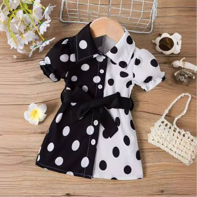 Infant and toddler girl summer style lapel single-breasted polka dot print belt short-sleeved dress