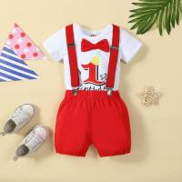 Infant short-sleeved colorful letter printing infant short-sleeved one-year-old baby sling birthday suit  Red
