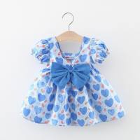 Vestido de niñas de verano coreano, falda estampada de manga corta para niños, moda infantil, elegante vestido de princesa pequeña de algodón  Azul