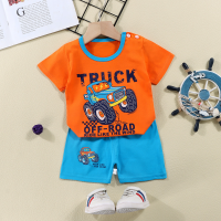 Nuevo traje de camiseta de manga corta para niños de verano, pantalones cortos de manga corta para bebés, traje de dos piezas  naranja