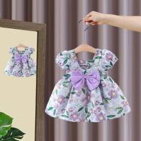 Baby girl's new dress summer large flower bow short-sleeved cotton skirt fashionable girl princess dress  Blue