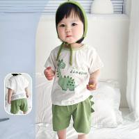بدلة أطفال صيفية بأكمام قصيرة وسروال قصير رقيق من قطعتين ملابس للأولاد والبنات من القطن الخالص  أخضر
