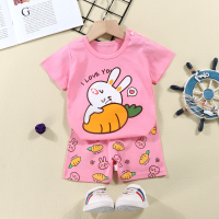 Verão novo algodão puro infantil camiseta de manga curta infantil terno do bebê  Rosa