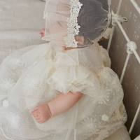 Girls summer short-sleeved lace mesh princess dress newborn dress 100-day-old dress skirt  Beige
