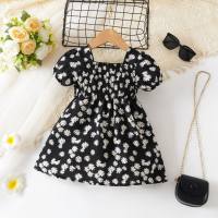 Summer new children's floral dress, baby girl, puff sleeves, princess dress, girl's fashionable dress  Black
