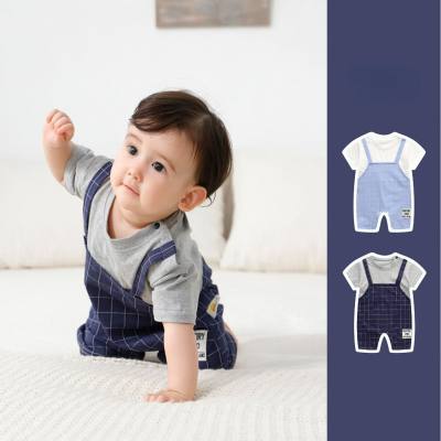 Newborn baby sling plaid fake two-piece summer thin jumpsuit gentleman baby hundred-day full moon crawling clothes romper
