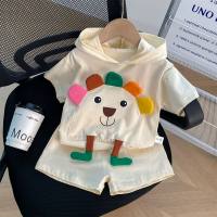 Summer children's internet celebrity casual cartoon colorful bear hooded short-sleeved two-piece suit  Beige
