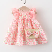 Children's summer new products baby girl flying sleeve dress princess skirt with bamboo basket shoulder bag  Pink