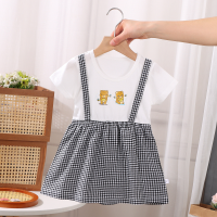Fake two-piece baby girl dress summer stylish children's suspender plaid skirt baby vest skirt  Black