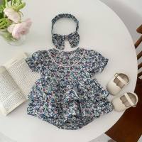 Infant and young children's jumpsuit baby girl small floral short-sleeved romper with headband  Blue